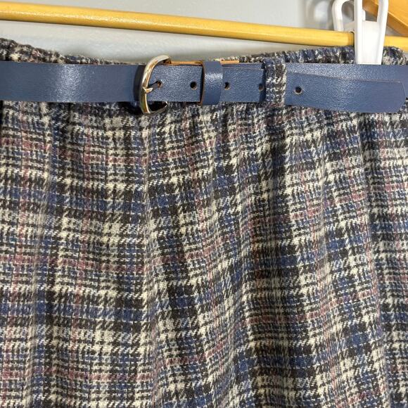 Vtg Plaid Skirt Blue Gray Check Knee-Length 80s Academia with Belt | Soft Summer - Picture 4 of 8